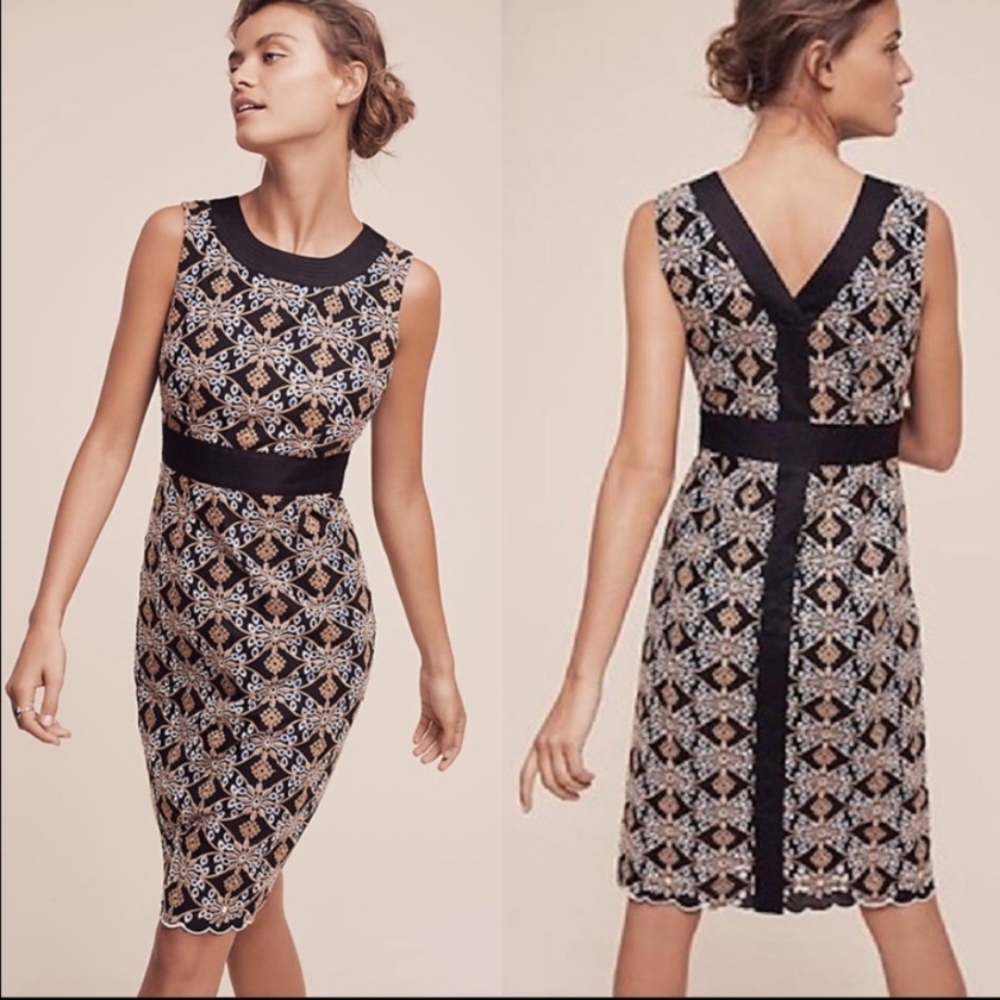 Anthropologie Black and Tan Embroidered Fit-and-Flare Dress